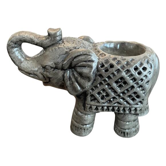 Elephant Tea Light Holder Trunk Up Ceramic Grey Boho Eclectic - Picture 6 of 9